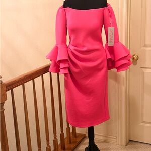 NWT Jovani Fuchsia Midi Dress with Flared Sleeves